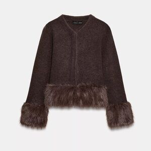 Zara FAUX FUR TRIM KNIT CARDIGAN